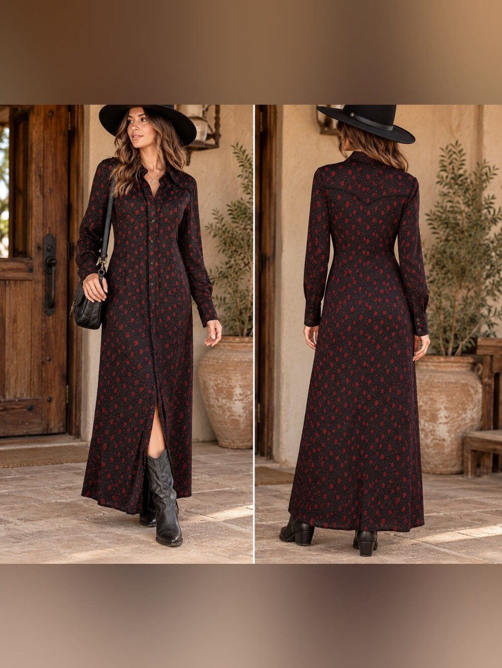 Madewell Maxi Shirt Dress Size 4 Black Floral Western Boho 70s Whimsigoth Fall